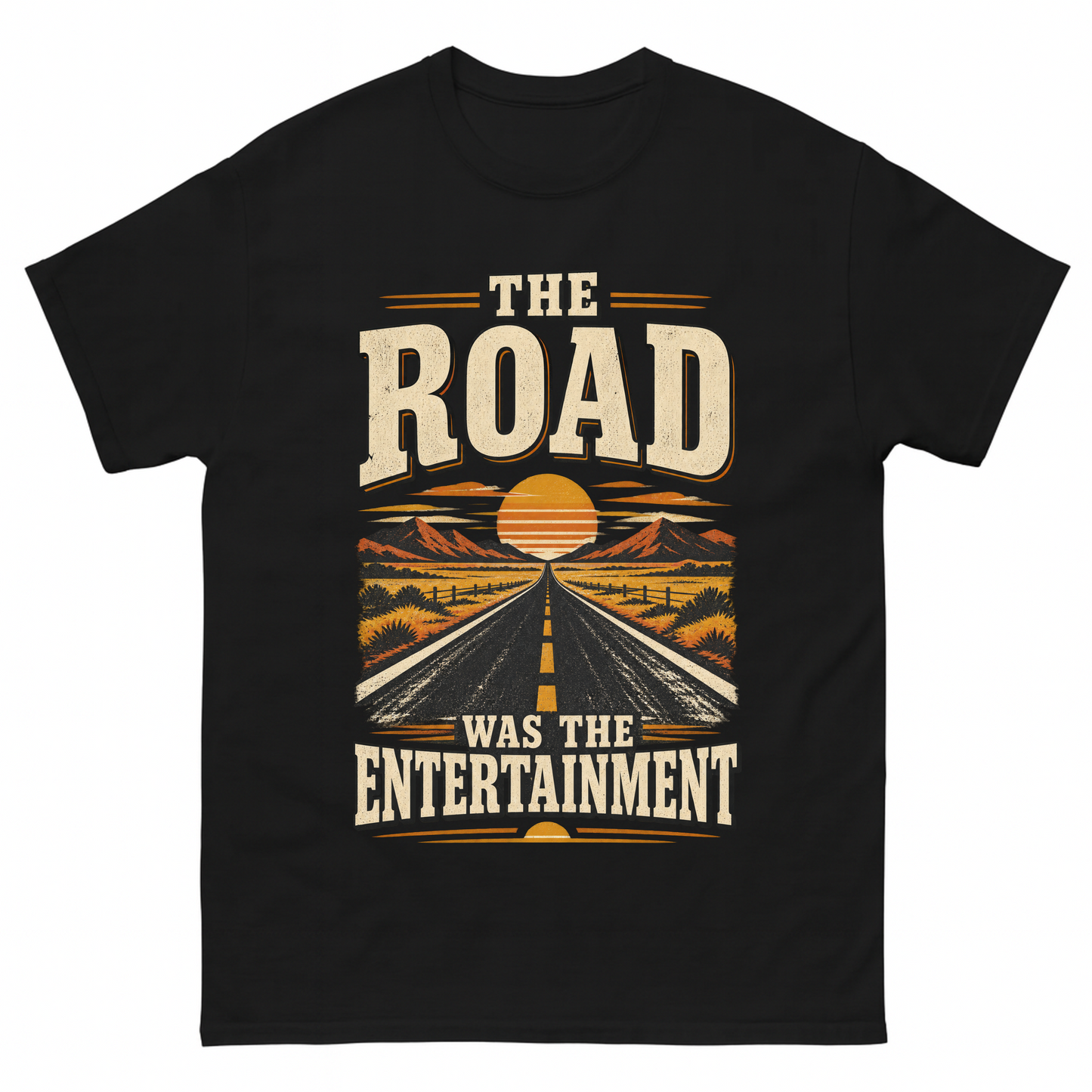 Black vintage t-shirt with The Road Was The Entertainment printed front design