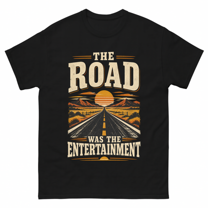 Black vintage t-shirt with The Road Was The Entertainment printed front design