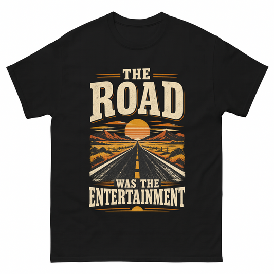 Black vintage t-shirt with The Road Was The Entertainment printed front design