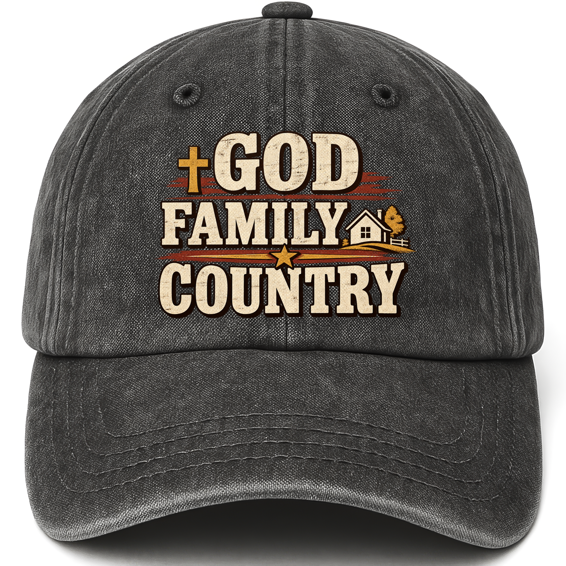 Black vintage washed cap with God Family Country printed front design