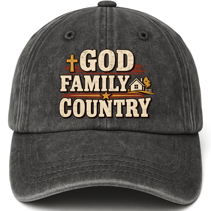Black vintage washed cap with God Family Country printed front design