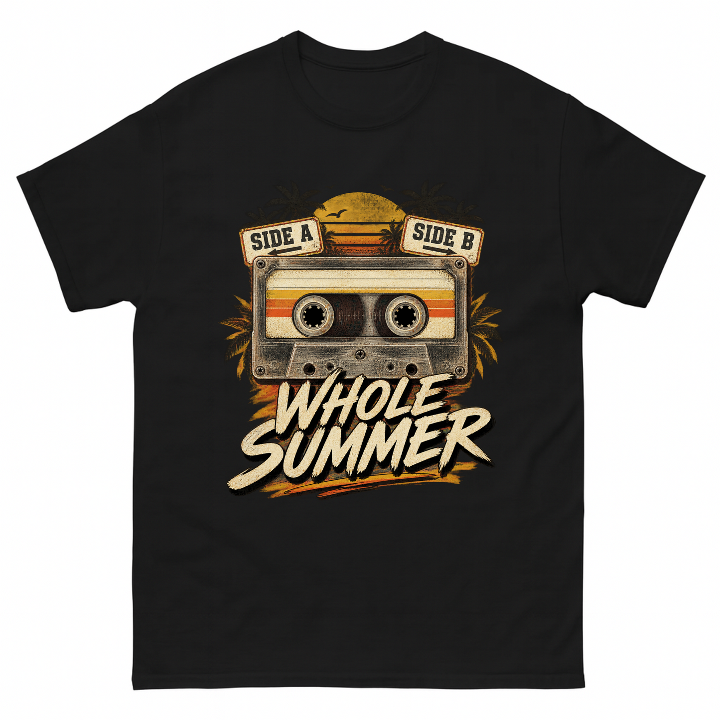 Black vintage t-shirt with Side A Side B Whole Summer printed front design