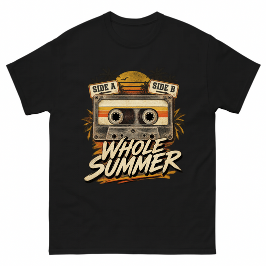 Black vintage t-shirt with Side A Side B Whole Summer printed front design