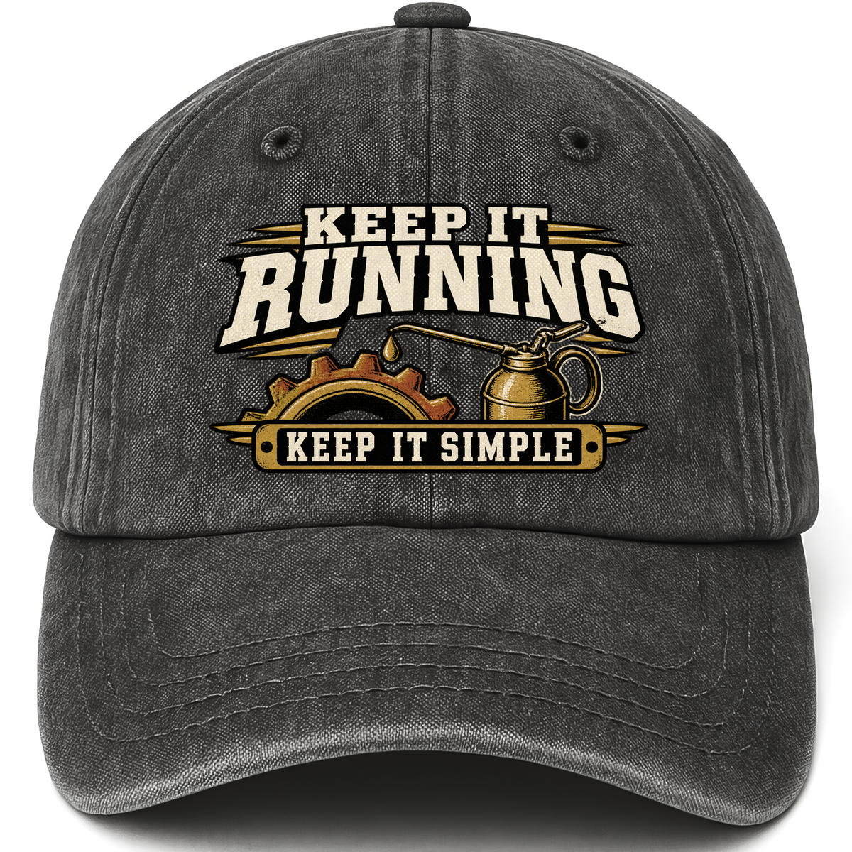 Black vintage washed cap with Keep It Running. Keep It Simple printed front design