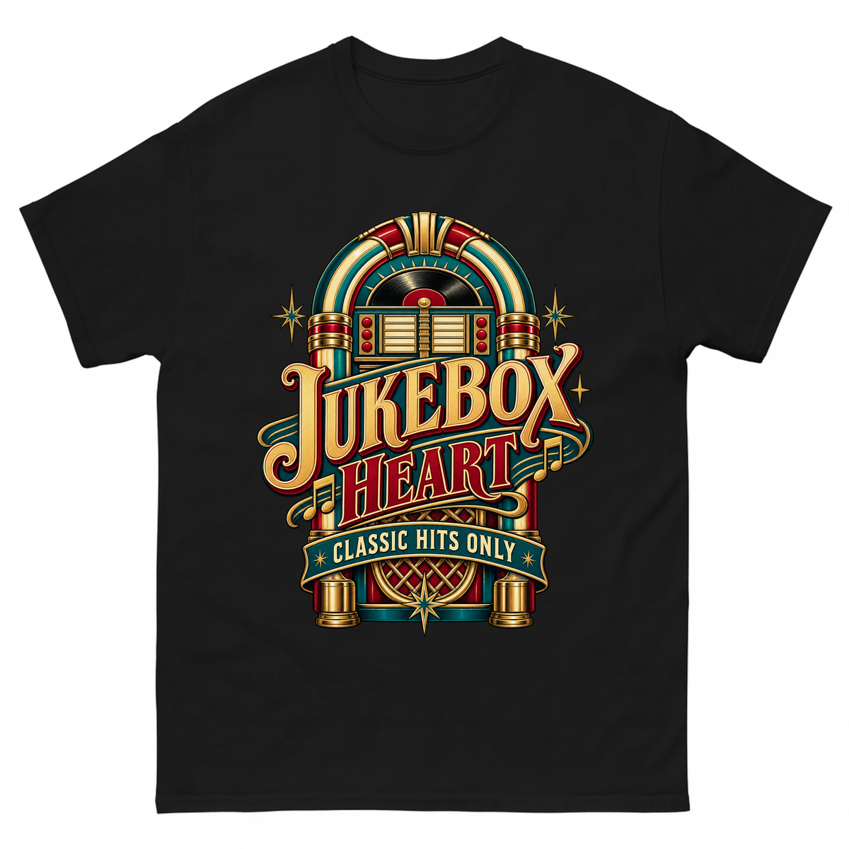Black vintage t-shirt with Jukebox Heart Classic Hits Only printed front design