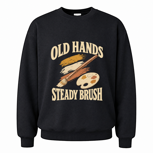 Black vintage sweatshirt with Old Hands Steady Brush printed front design