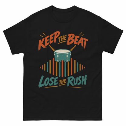 Black vintage t-shirt with Keep The Beat. Lose The Rush printed front design