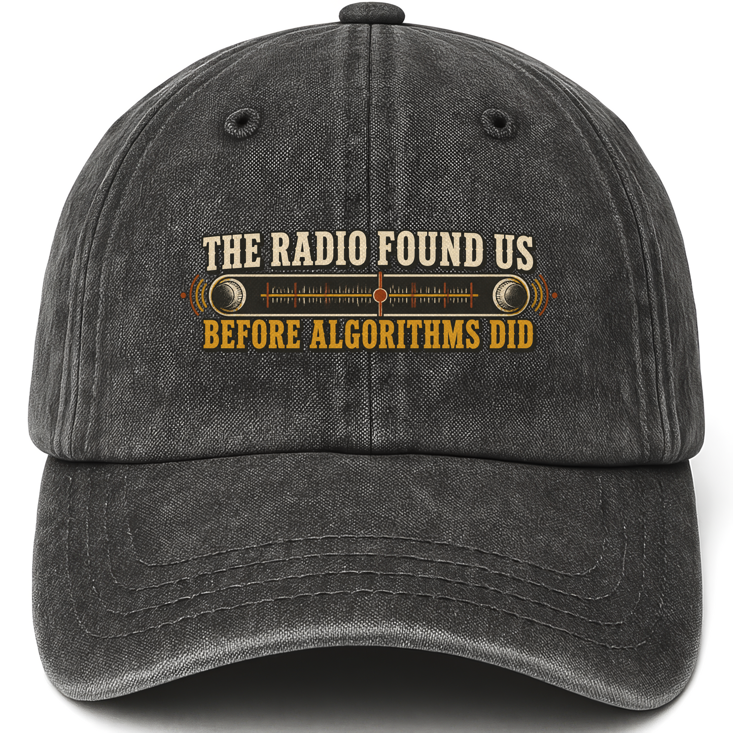 Black vintage washed cap with The Rado Found Us Before Algorithms Did printed front design