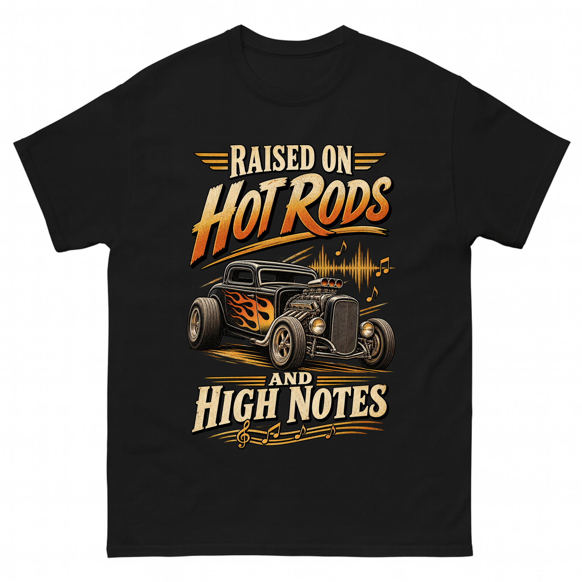 Black vintage t-shirt with 36 hot rods and high notes ideogram 4x printed front design