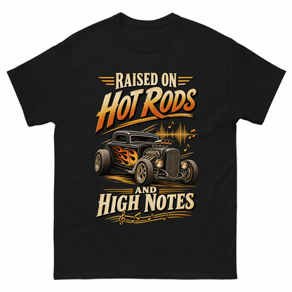 Black vintage t-shirt with 36 hot rods and high notes ideogram 4x printed front design