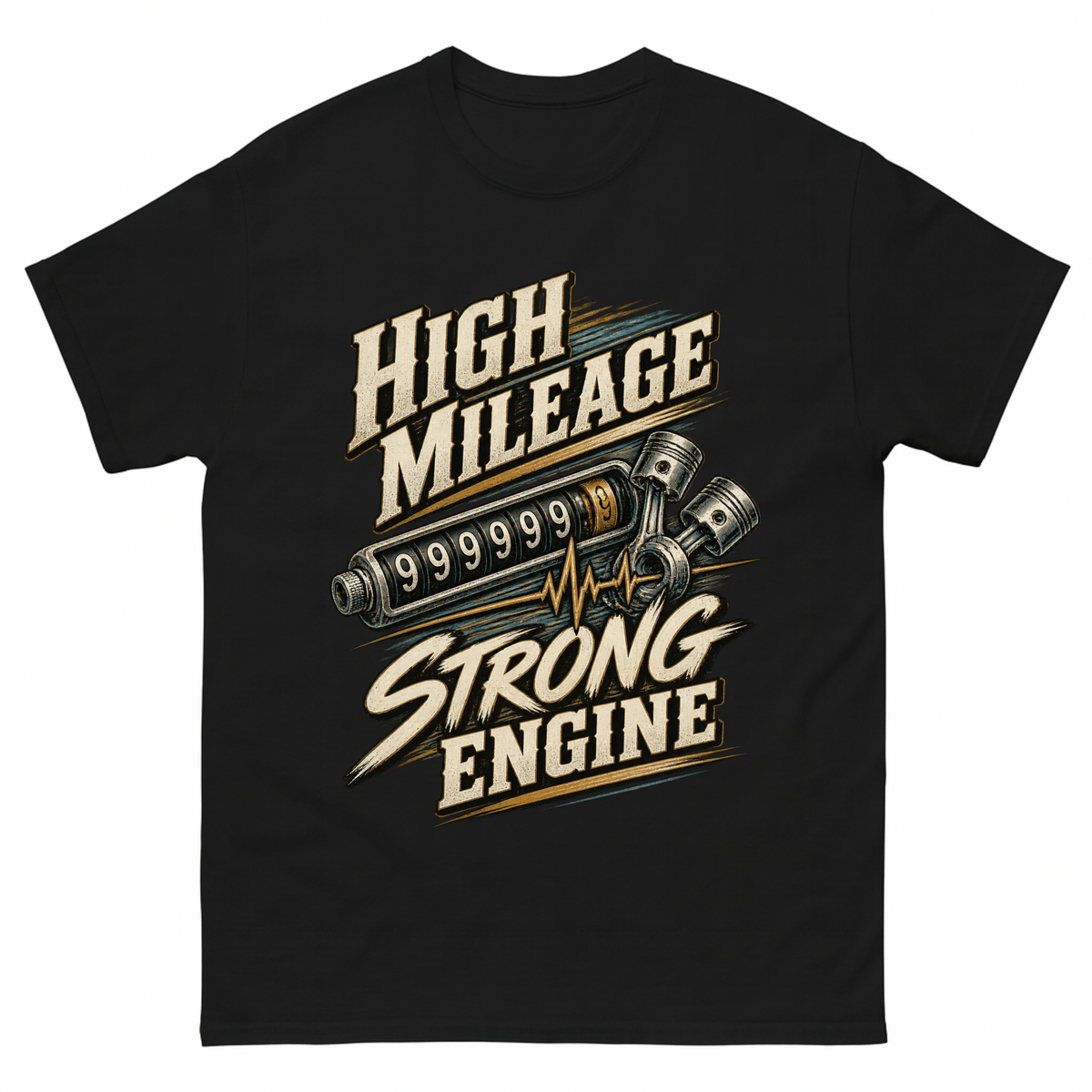 Black vintage t-shirt with High Mileage Strong Engine printed front design