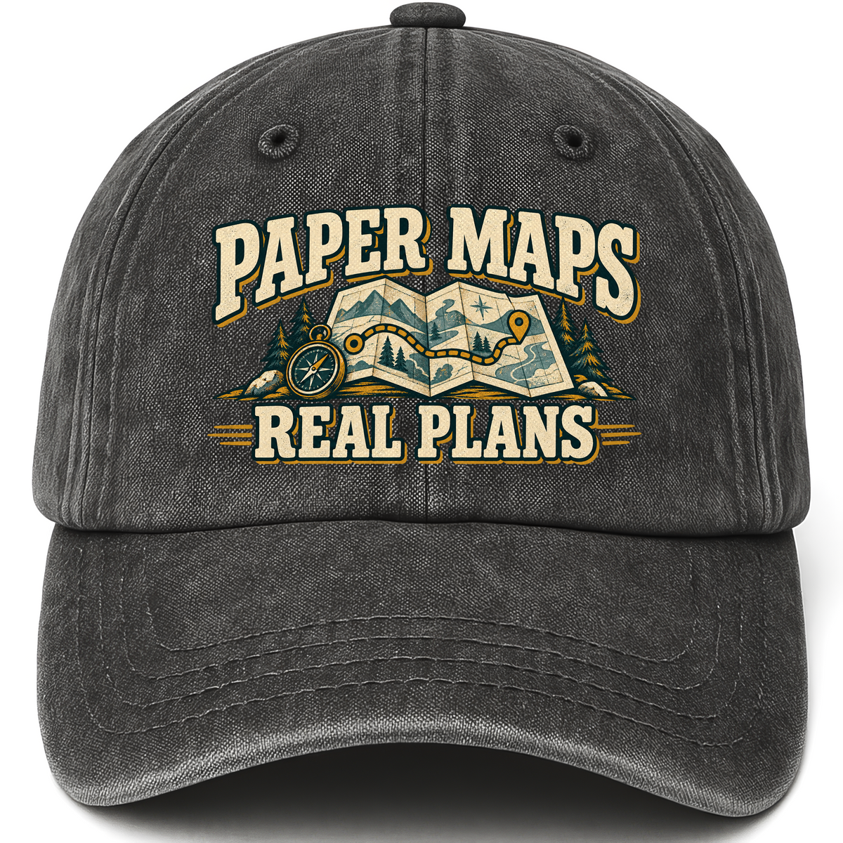 Black vintage washed cap with Paper Maps. Real Plans printed front design
