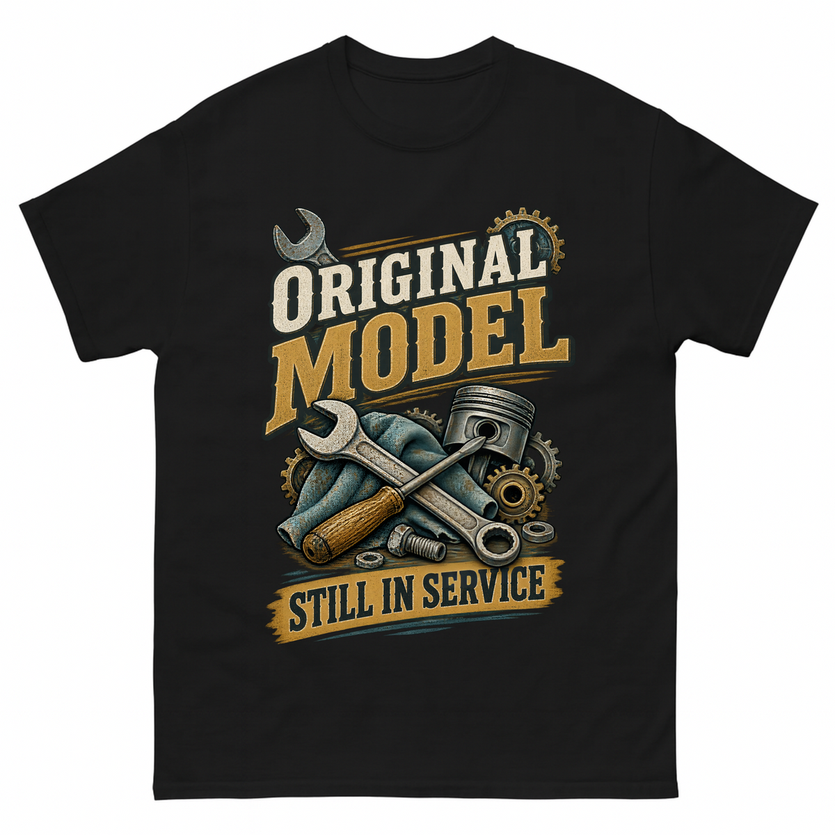 Black vintage t-shirt with Original Model Still In Service printed front design