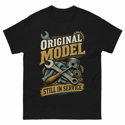Black vintage t-shirt with Original Model Still In Service printed front design
