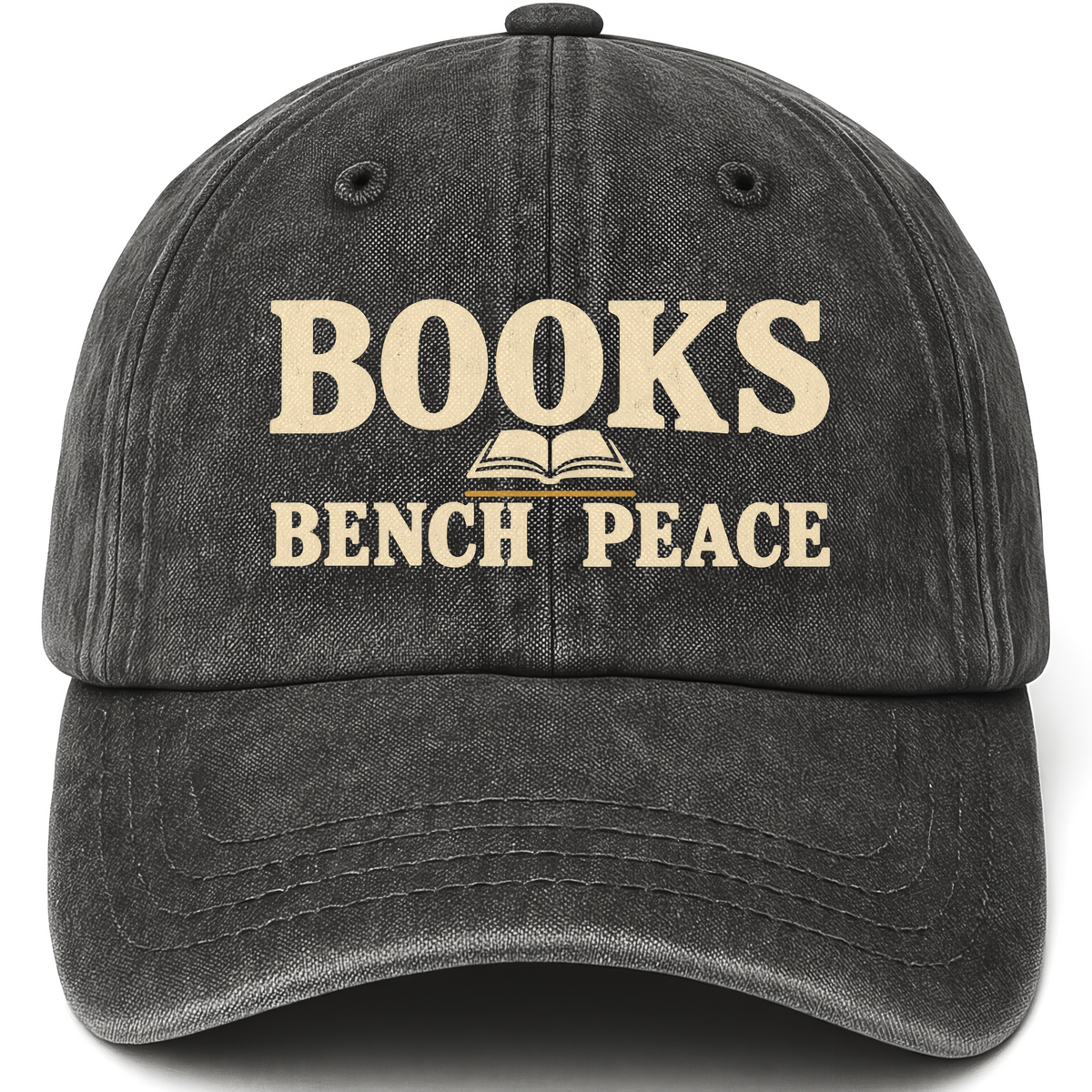 Black vintage washed cap with Books Bench Peace printed front design