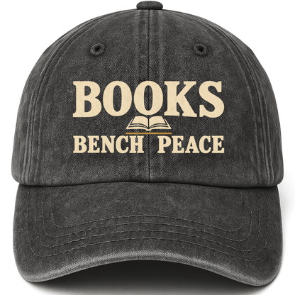 Black vintage washed cap with Books Bench Peace printed front design