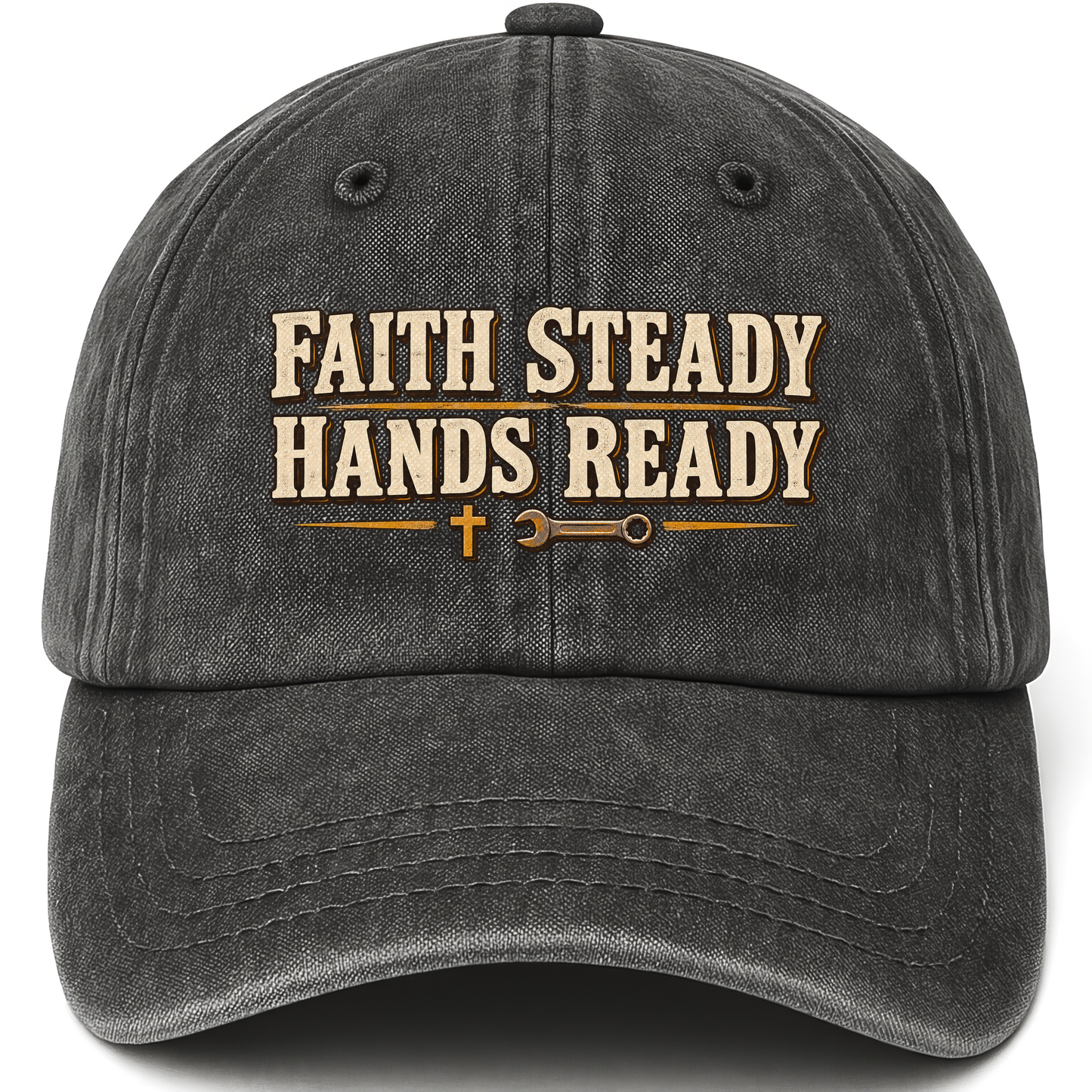 Black vintage washed cap with Faith Steady Hands Ready printed front design