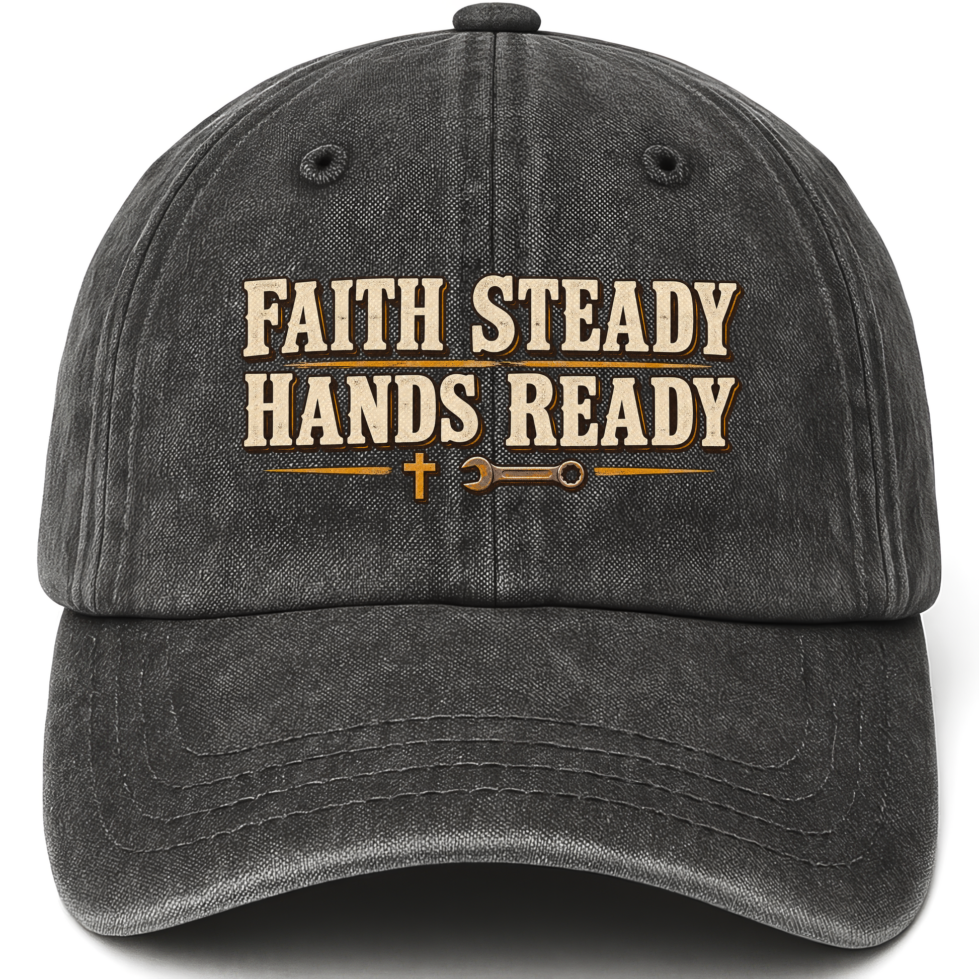 Black vintage washed cap with Faith Steady Hands Ready printed front design