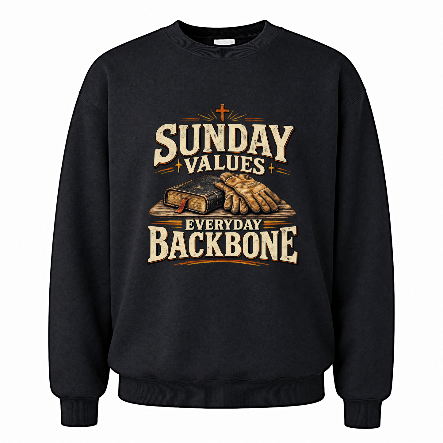 Black vintage sweatshirt with Sunday Values Everyday Backbone printed front design