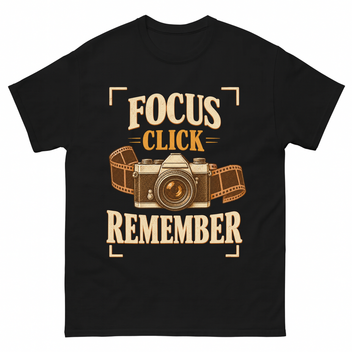 Black vintage t-shirt with Focus Click Remember printed front design
