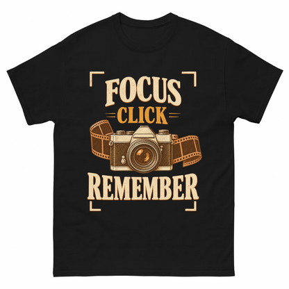 Black vintage t-shirt with Focus Click Remember printed front design