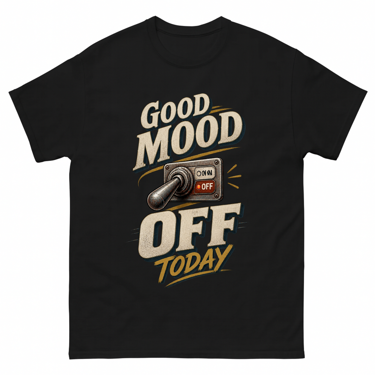Black vintage t-shirt with Good Mood Off Today printed front design