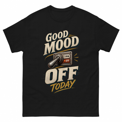 Black vintage t-shirt with Good Mood Off Today printed front design