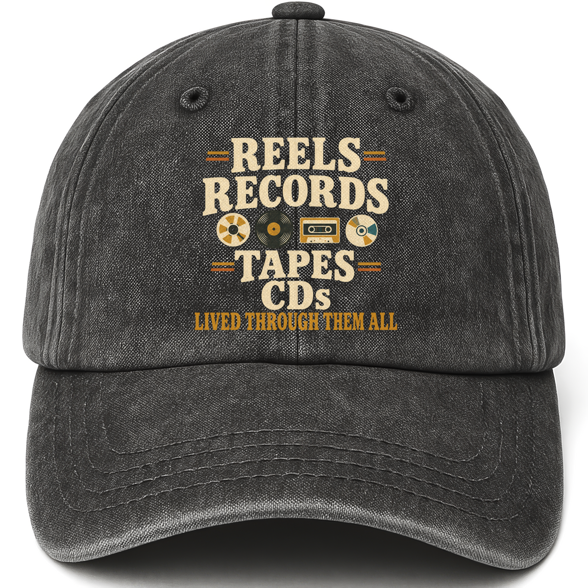 Black vintage washed cap with Reels Records Tapes CDs Lived Through Them All printed front design