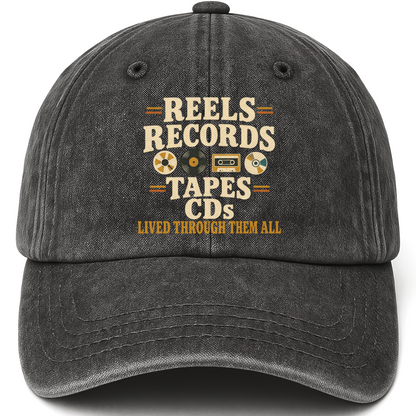 Black vintage washed cap with Reels Records Tapes CDs Lived Through Them All printed front design