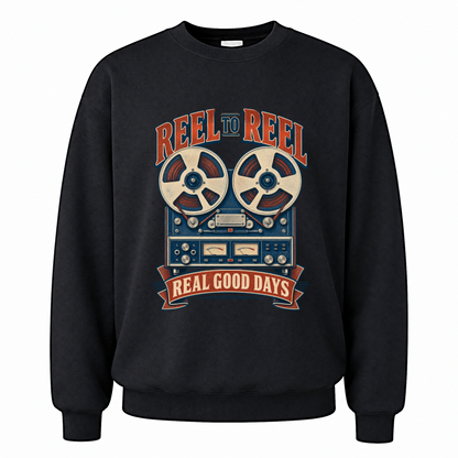 Black vintage sweatshirt with Reel To Reel Real Good Days printed front design