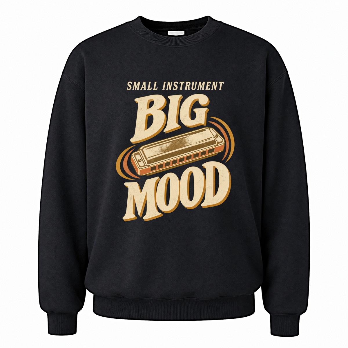 Black vintage sweatshirt with Small Instrument. Big Mood printed front design