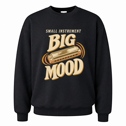 Black vintage sweatshirt with Small Instrument. Big Mood printed front design