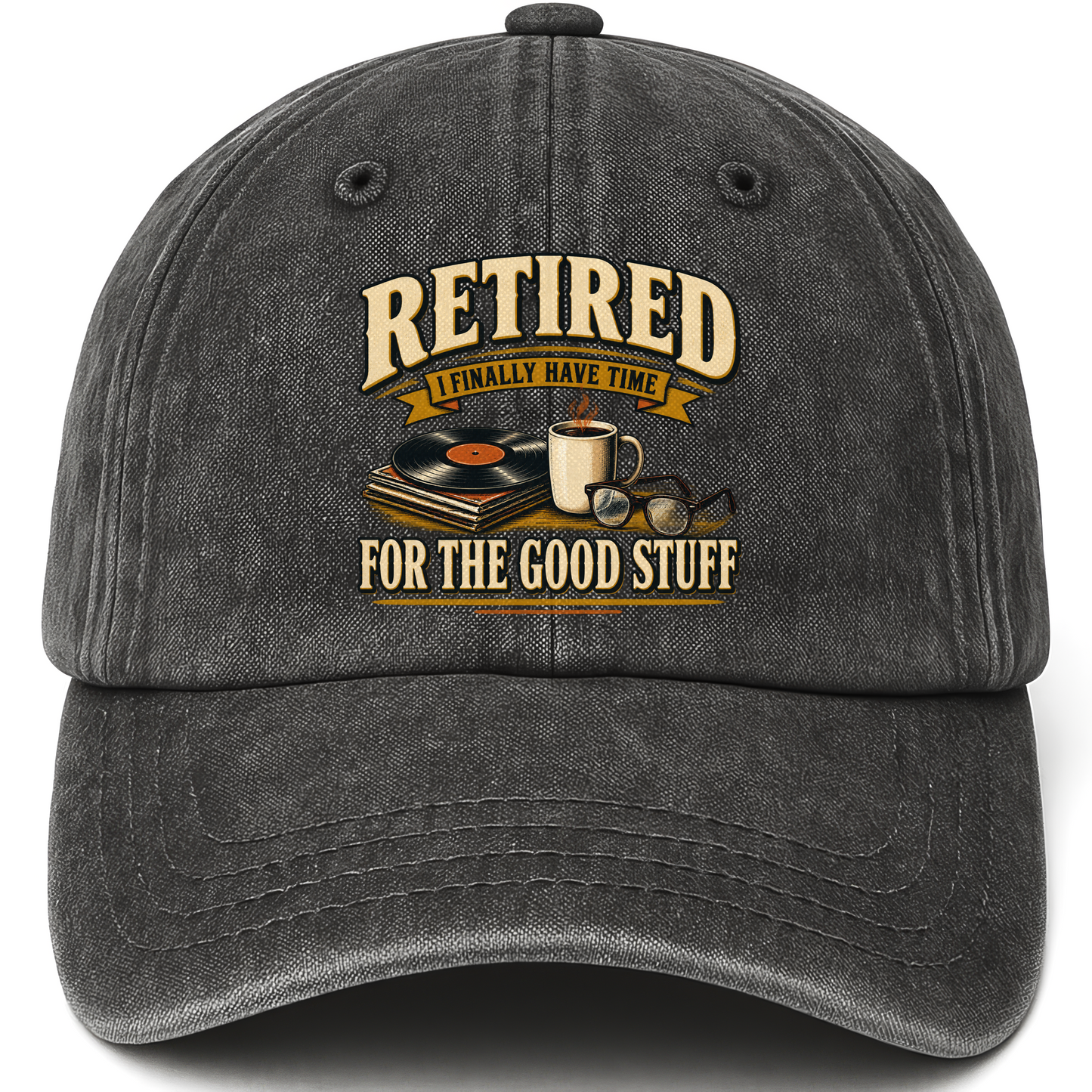 Black vintage washed cap with 40 time for the good stuff ideogram 4x TRIM pad80 printed front design