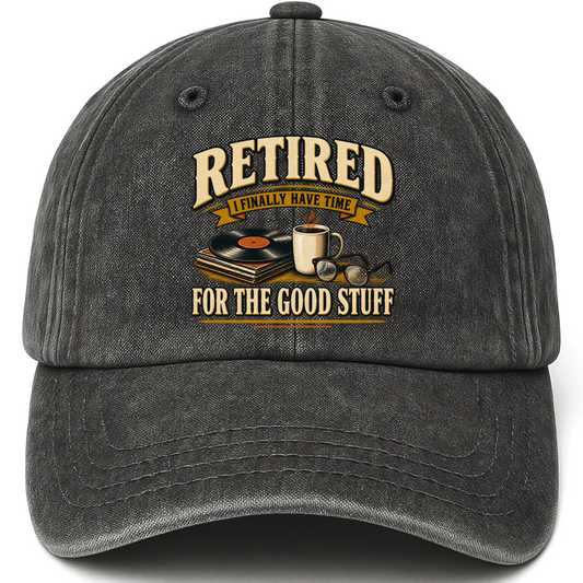 Black vintage washed cap with 40 time for the good stuff ideogram 4x TRIM pad80 printed front design
