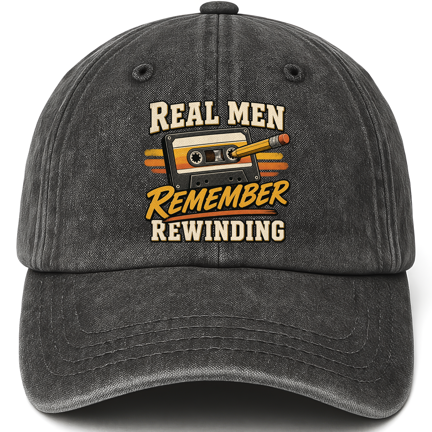 Black vintage washed cap with 45 real men remember rewinding ideogram 4x TRIM pad80 printed front design