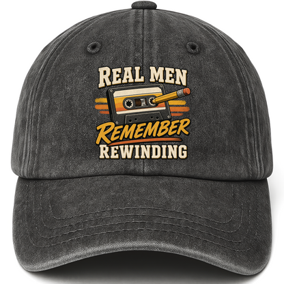 Black vintage washed cap with 45 real men remember rewinding ideogram 4x TRIM pad80 printed front design