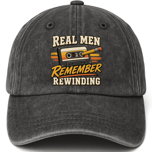 Black vintage washed cap with 45 real men remember rewinding ideogram 4x TRIM pad80 printed front design
