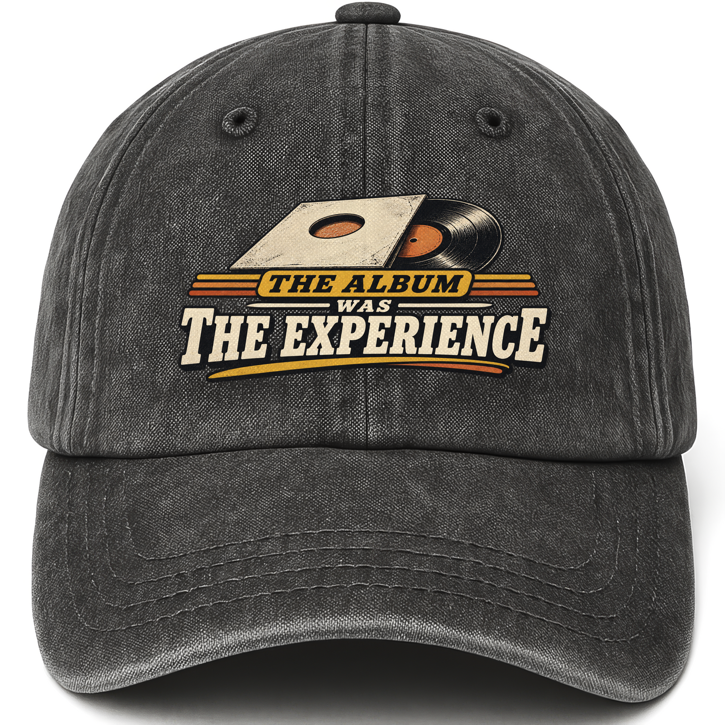 Black vintage washed cap with The Album Was The Experience printed front design