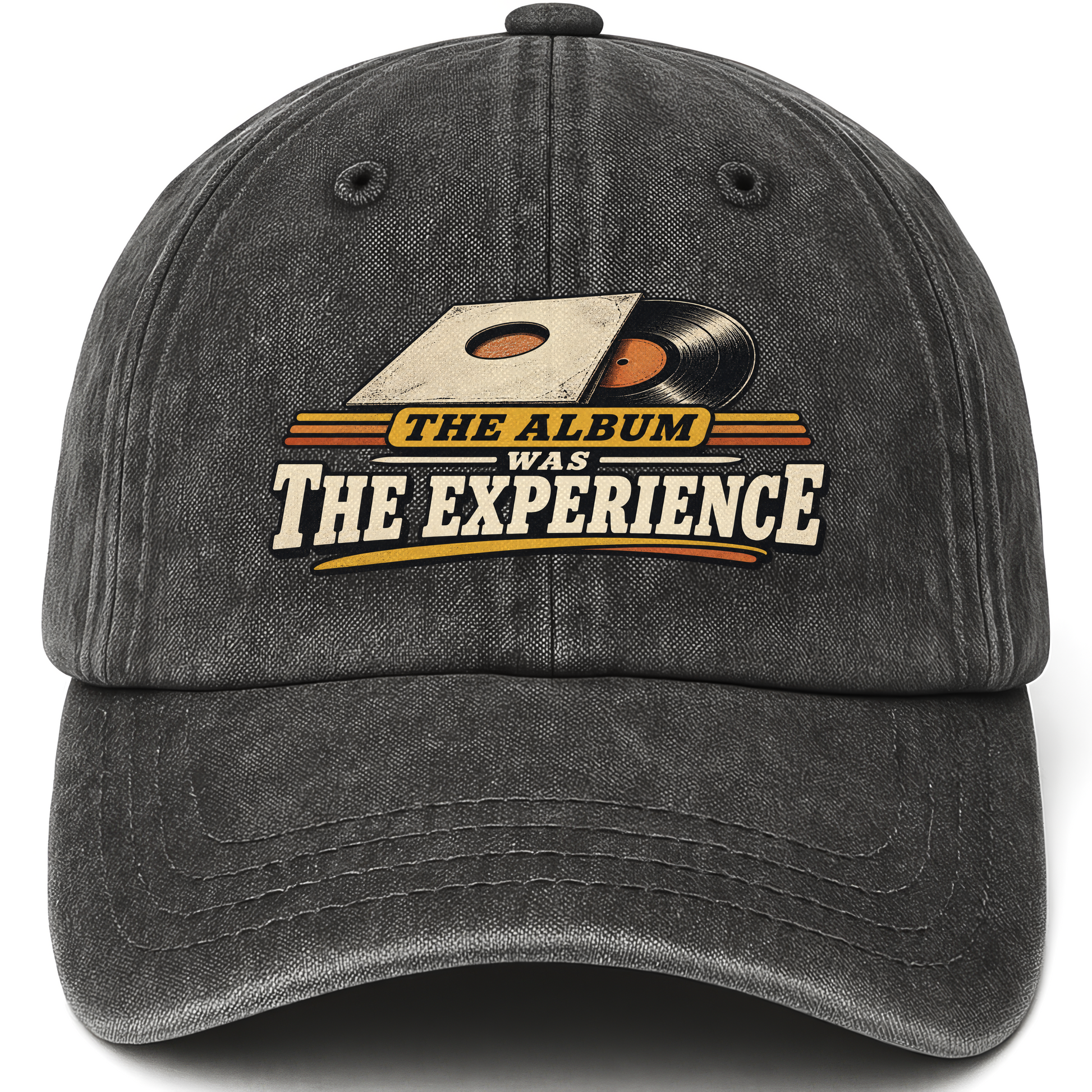 Black vintage washed cap with The Album Was The Experience printed front design