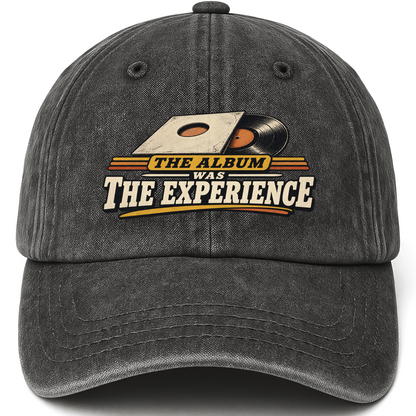 Black vintage washed cap with The Album Was The Experience printed front design