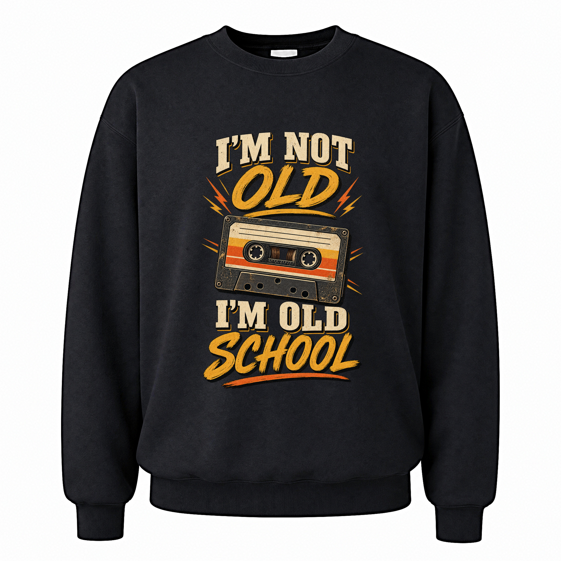 Black vintage sweatshirt with 41 i m old school ideogram 4x printed front design