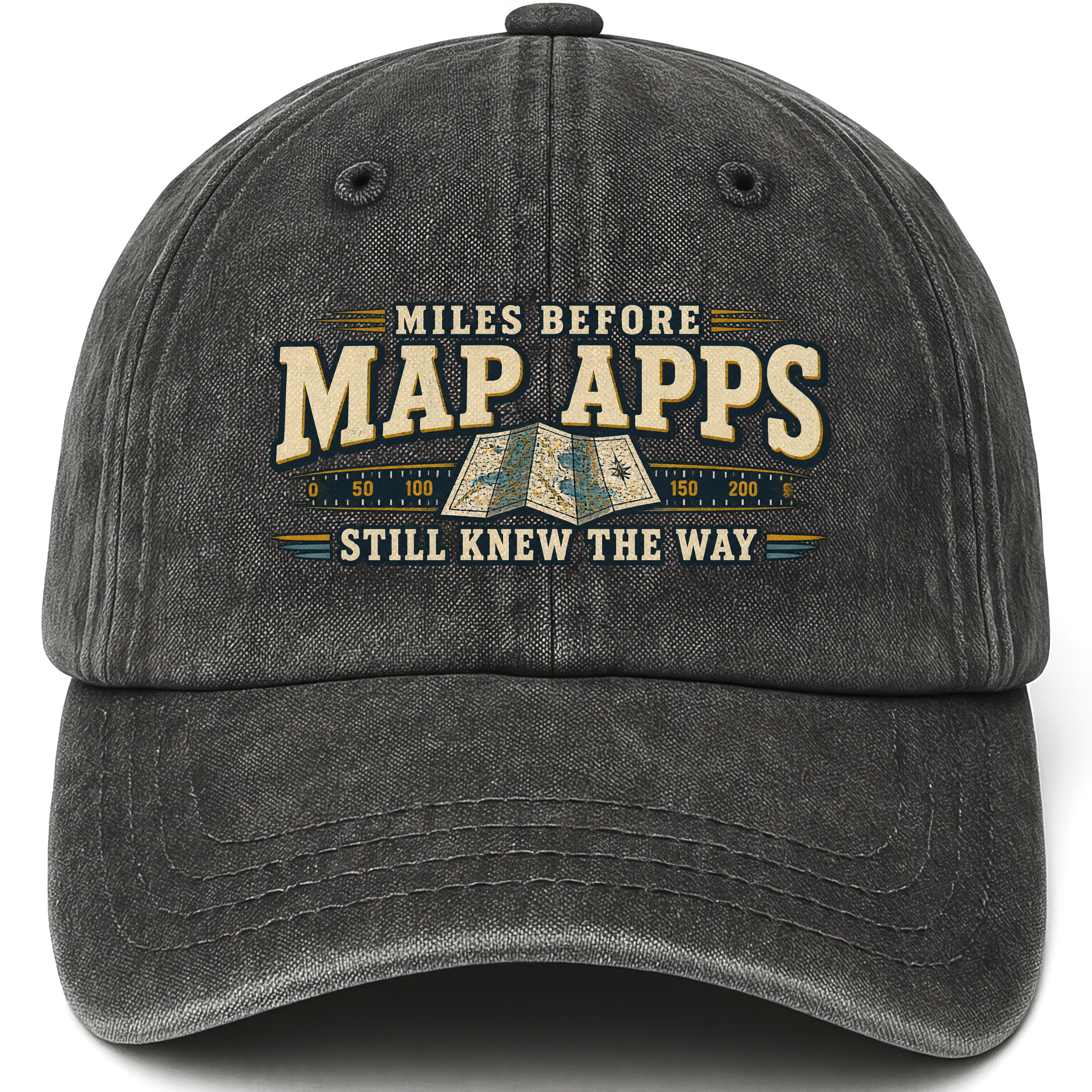 Black vintage washed cap with Miles Before Map Apps Still Knew The Way printed front design