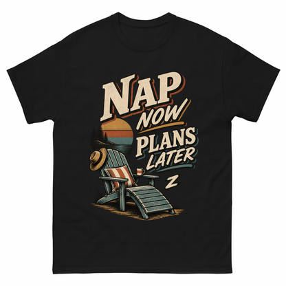 Black vintage t-shirt with Nap Now Plans Later printed front design