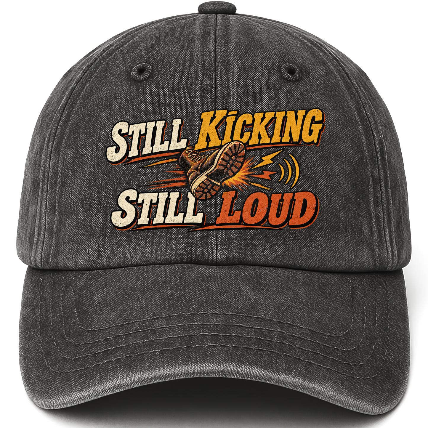 Black vintage washed cap with Still Kicking Still Loud printed front design