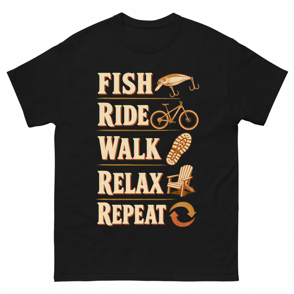 Black vintage t-shirt with Fish Ride Walk Relax Repeat printed front design