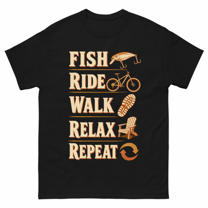 Black vintage t-shirt with Fish Ride Walk Relax Repeat printed front design