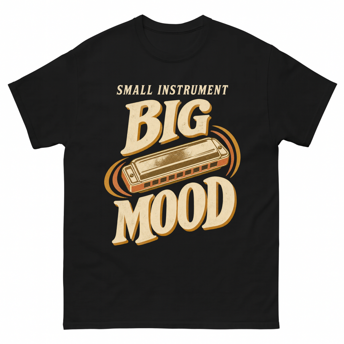 Black vintage t-shirt with Small Instrument. Big Mood printed front design