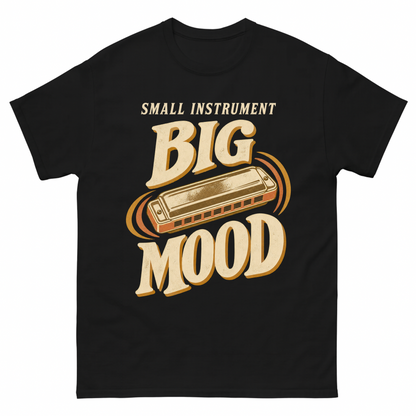 Black vintage t-shirt with Small Instrument. Big Mood printed front design