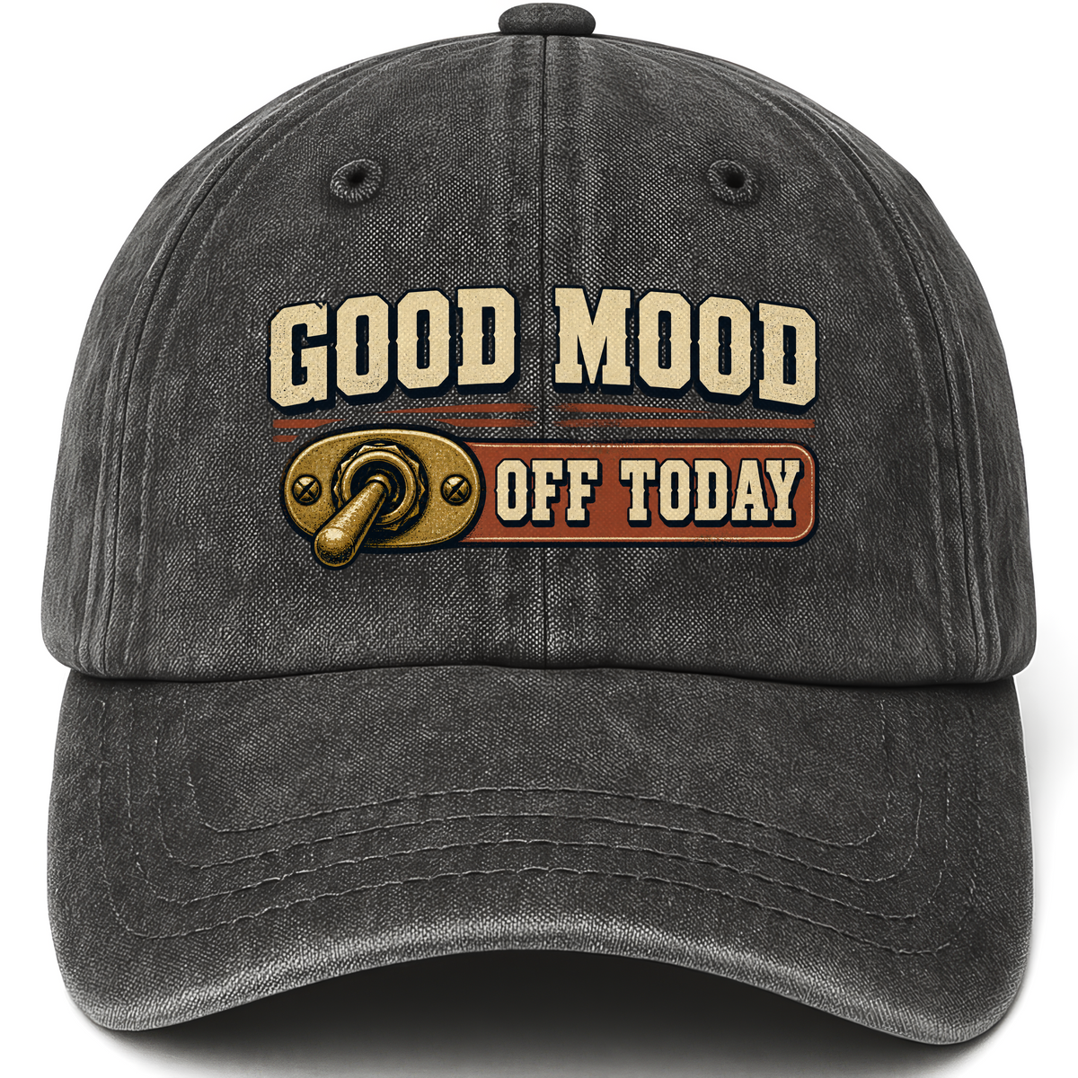 Black vintage washed cap with Good Mood Off Today printed front design