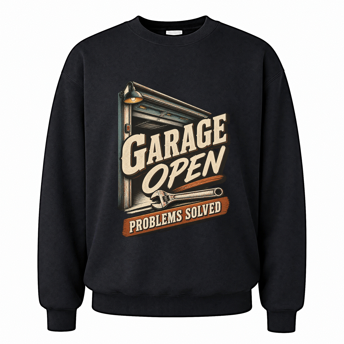 Black vintage sweatshirt with Garage Open Problems Solved printed front design
